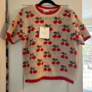 Cherry Print Short Sleeve Sweater - Red on Cream. Size S/M